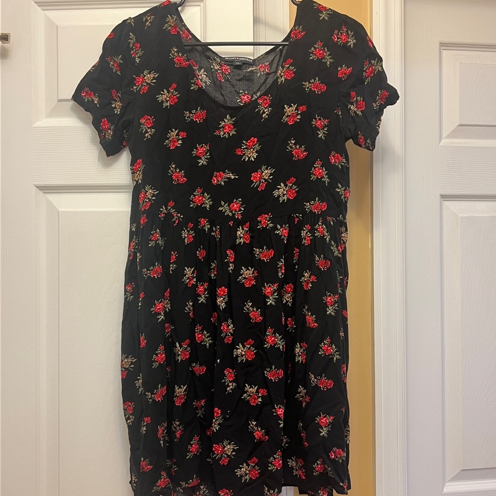 Brandy Melville mini babydoll black dress with red floral print one size